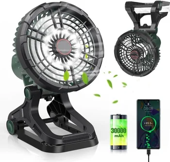 Akumulatoru Darbināmu Ventilatoru ar LED Laterna, Bezpakāpju Ātruma, 360° Rotācija, 4 Gaismas & 7 Laika Režīmi, Uzlādējams Personas USB D