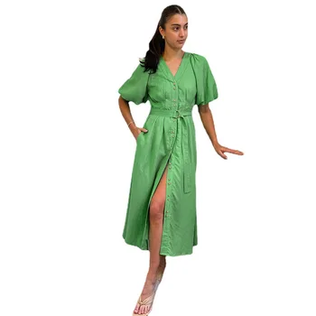 2023 Pavasara un Vasaras Jaunā Modes Izjūtu V-veida kakla Zaļo Kokvilnas Pogu Bubble Sleeve tīrtoņa Krāsu Kleita Sievietēm