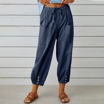 2023 Vasaras Augsta Vidukļa Kokvilnas Veļa Deviņu punktu Bikses Kabatā Modes Bikses Vaļīgas Harajuku Gadījuma Plaša Kāju Bikses Streetwear Sievietēm