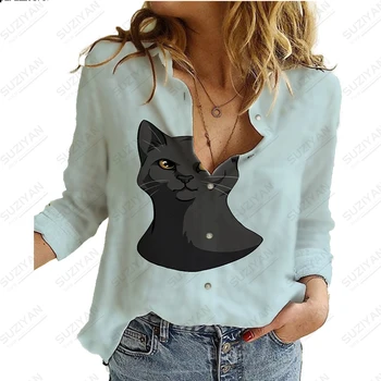 Pavasarī, Rudenī Jaunu Sieviešu Krekls ar garām Piedurknēm Dzīvnieku Krāsu Kaķis 3D Digital Print Polo Apkakli, Pogu Ikdienas Piepilsētas Top Jaka