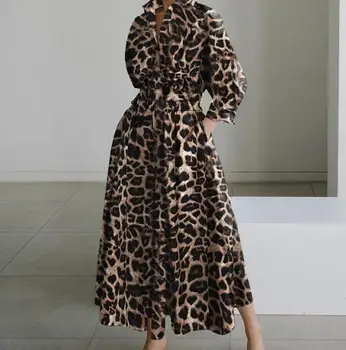 Temperaments Vasaras Kleitas Sievietēm 2023 Modes Leopards Drukāt garām Piedurknēm Piepilsētas Polo Lielās Šūpoles ilgi Eleganta Kleita Drēbes