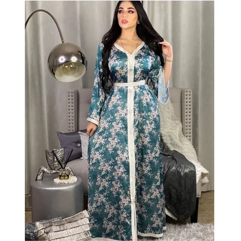 Eid Mubarak Abayas Elegants Sieviešu Musulmaņu Ziedu Iespiesti Sen Maxi Kleita Turcija arābu Kaftan Dubaija Drēbes Pieticīgs Jalabiya Puse