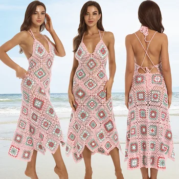 2023 Jaunu Roku Adītus Beach Party Maxi Kleitu Uz Augšu, Sexy Sievietes Krāsains Backless Bikini, Peldkostīmi, Peldkostīms Uz Augšu
