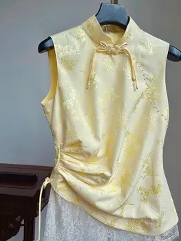 2023 ķīniešu stilā sievietēm retro tangsuits veste tang tērps, dzeltens cheongsam bez piedurknēm blūze sieviešu ikdienas ikdienas hanfu qipao vesst