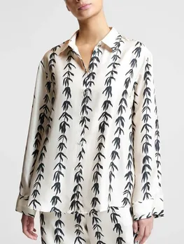 Lapu Drukas Sieviešu 100% Zīda Krekls ar garām Piedurknēm 2023 Rudens Sākumā Jaunu pavērsienu-Apkakle Vienu Krūtīm, Vintage Modes Blūze