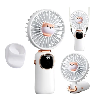 Portatīvie Rokas Ventilators, 4000Mah Kakla Ventilators Ar LED Displeju, Salokāms Galda Ventilators Ar Pamatni, 5 Ātrumu Ventilators Sievietēm
