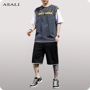 Korejas Vīriešu Apģērbu 2 Gabals Nosaka Vasaras Gadījuma T-Krekls, Šorti Uzstādīt Streetwear Īsām Piedurknēm Sporta Vīrietis Outwear Iespiesti O-Veida Kakla