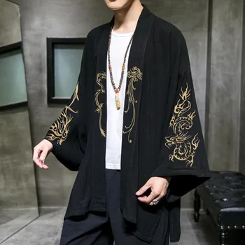 2023 Modes Tērpu Izšūšana Hanfu Mens Ķīniešu Stila Drēbes Cardigan Jaka Lielgabarīta Kimono 5XL Seno Mētelis, Vīriešu