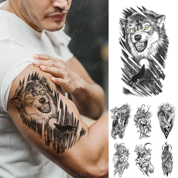 Ūdensnecaurlaidīgus Pagaidu Tetovējums, Uzlīmes, Meža Mēness Vilku Gaudošana Sieviešu, Vīriešu Rokas Body Art Lauva, Tīģeris Rave Festivāls Viltus Piedurknēm Tetovējumiem
