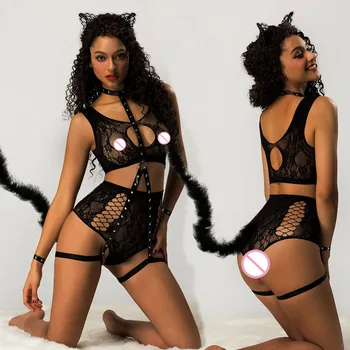 JSY Sexy Cosplay Apakšveļas Komplekts Kaķu Meitene Vienādu Acu Bodysuit Erotiska Verdzība Catsuit Kostīmi Dzimuma Lomu spēles Apģērbs Kluba Naktsveļu