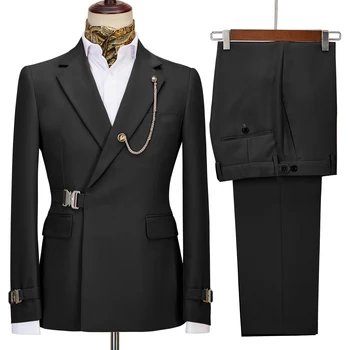 Vīriešu Uzvalki 2 Gabali Modes Metāla Pogas Iecirtums Atloks, Kostīmi, Biznesa Ikdienas Jaka Kāzu Elegants Uzvalks (Žakete+Bikses)