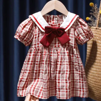Jauki Apģērbu, Apaļu Kakla Raibs Loku korejiešu Bērnu Apģērbu 2023 Vasaras Pleds Drukāšanas Īsām Piedurknēm Meitene Princese Kleita