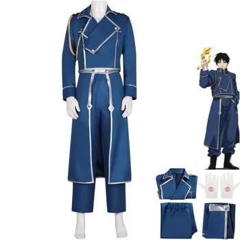 Anime Fullmetal Alchemist Roy Mustang Edward Elric Cosplay Kostīms, Zils Mētelis Militārā Vienotu Pilns Komplekts Cilvēks, Karnevāla Tērps