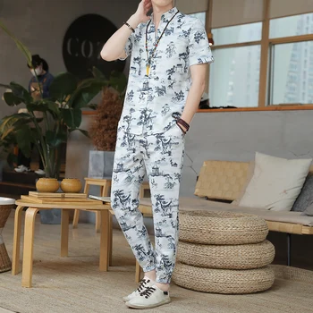 Krekli+Bikses vasaras ķīniešu stilā elastīgs viduklis Klasiskās Modes Vīriešu Ikdienas Komplekti Vīriešu bikses un krekls vīriešiem, izmērs M-5XL TZ19