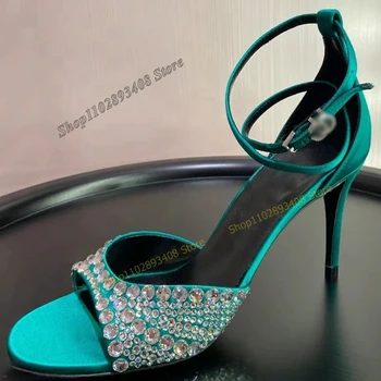 Zaļā Krāsa Kristālu Dekoru Sandales Peep Toe Augstpapēžu Kurpes Augstpapēžu Siksnu Sprādzes Sieviešu Kurpes 2023 Modes Sexy Zapatos Para Mujere