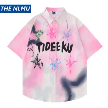 Vīrieši Havaju Krekls Vasaras Hip Hop Streetwear Tie krāsoti Zvaigžņu Grafiti Pludmales Krekls ar Īsām Piedurknēm Harajuku Gadījuma Aloha Krekls Topi