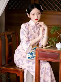 2023 pavasara vasaras jauna, ķīniešu stila sieviešu cheongsam tradicionālo ziedu drukas tangsuit vintage dāma eleganta kleita qipao