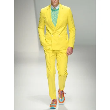 Modes Vīriešu Uzvalki, Dzeltena Gadījuma Oficiālu Kāzu Uzvalku Slim Fit Iecirtums Atloks Dubultā Krūtīm, Vīriešu Žakete Tīrtoņa Krāsu Uzvalku 2 Gabals