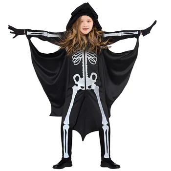 Halloween Cosplay Kostīms Bērniem, Meiteņu, Zēnu, Bat Cosplay Jumpsuit Skelets Bodysuit Apmetnis Cape Karnevāla Kostīmi