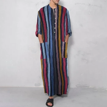 Tradicionālo Musulmaņu Apģērbu, Vīriešu Drēbes ar garām Piedurknēm ar Apaļu Apkakles, Apmetņi ar Kabatas Elpojošs Svītrainas Drēbes