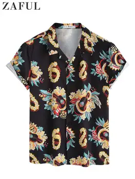 ZAFUL Krekli Vīriešiem Ziedu Drukāt Havaju Stila Blūzes Ikdienas Īsās Piedurknes Streetwear Topi Atloks Vasaras Brīvdienas Krekls
