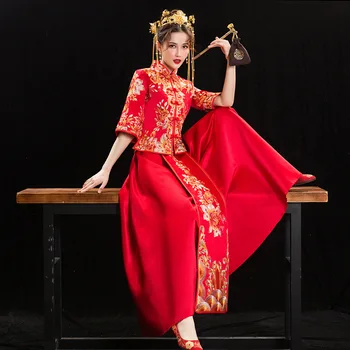 Ķīniešu Stila Apģērbu Jaunas 2023 Pāris Red Phoenix Izšuvumi Cheongsam Qipao Tradicionālo Kāzu Kleitu Izmērs S-6XL Sievietēm