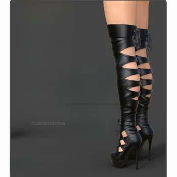 Multi Krāsu Dobi Konstrukciju Strappy Platformas Zābaki Augšstilba Augstu Sieviešu Kurpes Plānas Augsta Papēža Jaunu Modes Sexy 2023 Zapatos Para Mujere