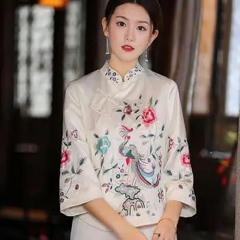 2023-Pavasarī un Rudenī Etnisko Stilu Tang žakete Retro Izšuvumi Pogu, Ķīnas Top Sieviešu Top Eleganta Blūze Brīvs