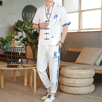 Yourqipao Vīriešu Vasaras Tradicionālo Apģērbu Lina Krekls, Bikses Kopa Modes Ķīniešu Stilā tīrtoņa Krāsu Īsām piedurknēm T Vīrietis Komplekti