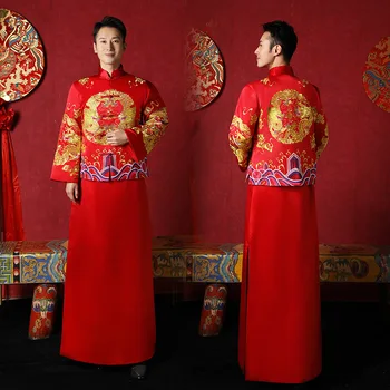 Vīriešu Tradicionālā Ķīniešu Kāzu Tang Kostīmu Retro Sarkanā krāsā Izšūti Līgavainis Kāzu Toasting Kleita Dragon Phoenix Vīriešu Xiuhe