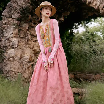 2023 nacionālā stila jaunajām izšūšanas kleita sieviešu rudens jaunais ķīnas retro stila piedurknēm ilgi elegants sievietes ikdienas kleita g887