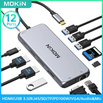 MOKiN USB C C Tipa dokstacija divu Monitoru HDMI 4K60Hz VGA, SD/TF Audio Adaptador USB 3.0 HUB Ethernet Portu MacBook Pro