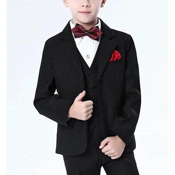 Cietie Krāsas Uzvalks, Zēnu Modes Black Iecirtums Atloks Vienu Krūtīm, Bērna Žakete Elegants Kāzu Ceremoniju Kleita 3 Gabals Slim Fit