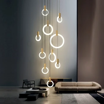 Mūsdienu koka kulons gaismas LED klastera pendant light living room apaļu kulonu gaismas deco par mājas interjeru kāpnes ilgi karājas
