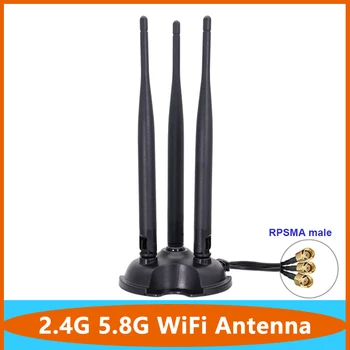 Dual-Kabelis 2*2 RPSMA Vīriešu 2.4 G 5.8 G Dual Band Augstas Iegūt WiFi Signāla Pastiprinātājs Omni Antenu Tīkla Karte Maršrutētāju un Modemu