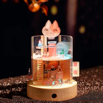 3D Akrila Puzzle Jaunu Kaķu Kafejnīca Miniatūra leļļu Namiņš Ar Mēbeļu Komplekts DIY Montēt Rotaļlietas, Nakts Gaisma Bērniem Meitene Dāvanu Casa