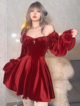Francija Vintage Puse, Mini Kleitas, Sieviešu Ziemas Black Gothic Seksīga, Elegants Kleitas Sarkanā Samta korejiešu Stilā, Kleita Jaunā Gada 2022