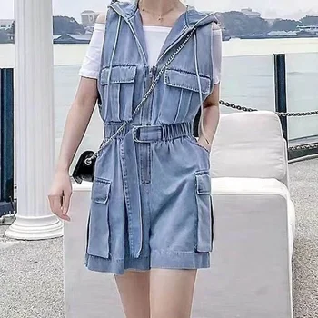 Kapuci Jumpsuits Vasaras Džinsa Bikses Plaša Kāju Šorti Bodysuits Sieviešu Korejiešu Stilā, Bez Piedurknēm, Viens Gabals Apģērbs Sieviešu Apģērbs
