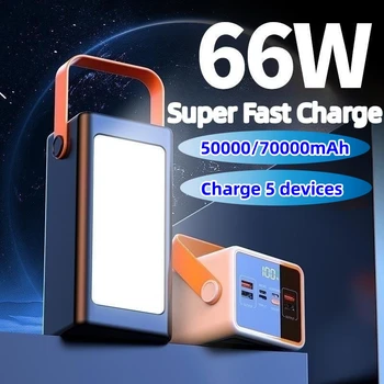 66W Super Ātra Uzlādes Jauda Banka 70000mAh Poverbank ar Tūrisma Gaismas Powerbank iPhone 14 Xiaomi Samsung Portatīvo Lādētāju