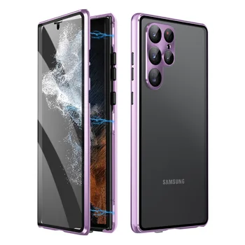 Samsung Galaxy S22 S23 Ultra Gadījumā, 360° Pilnu ieskauj metāla Magnētiskās ar ekrāna Stikla aizsargs kameras lēcu aizsardzības vāciņu