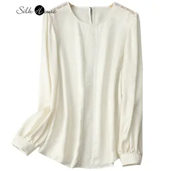 Smagsvara Zīda garām piedurknēm Krekls Dizaina Izjūtu Nelielu Pūlī Apaļu Kakla Džemperis Mulberry Zīda Sieviešu Modes Birojs T-krekls